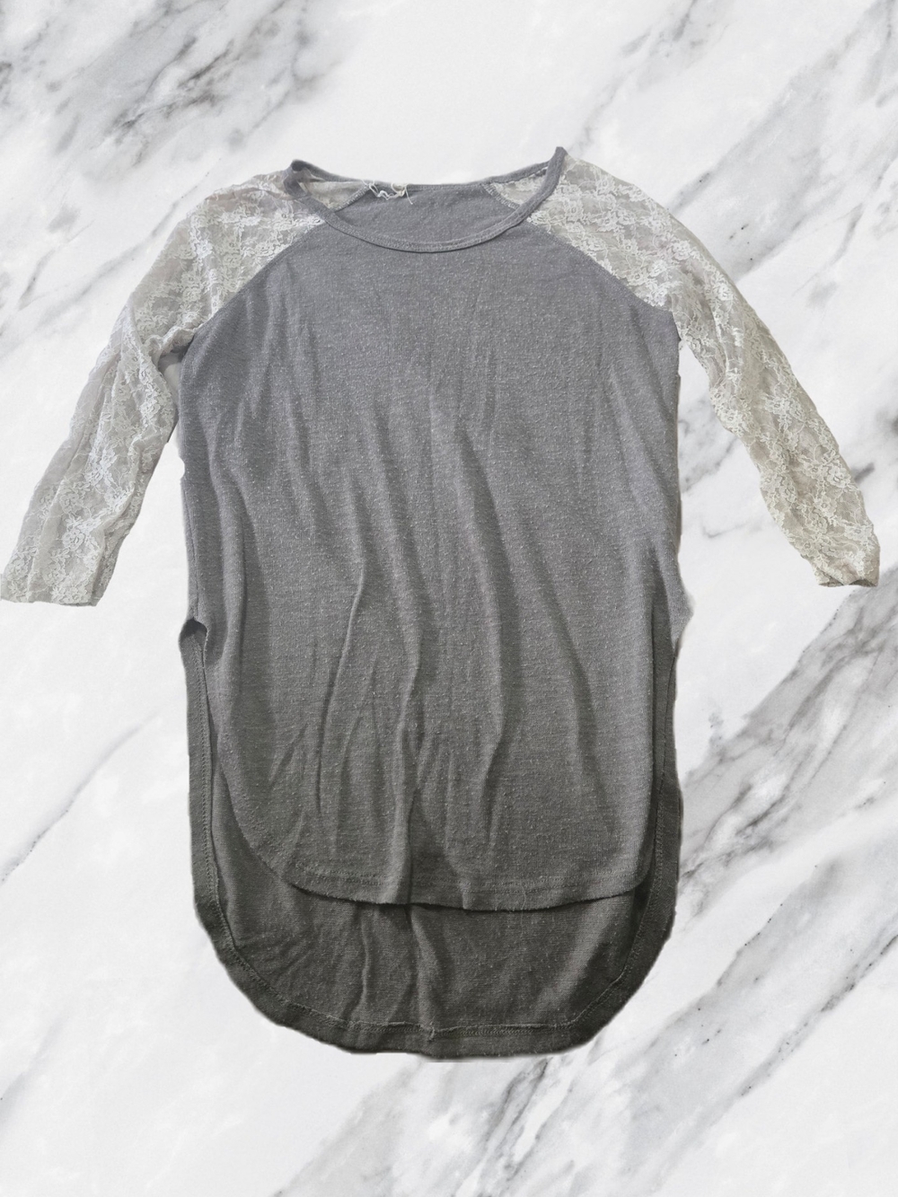 Ardene Gray Tunic with White Lace Sleeves & Slits Up The Side